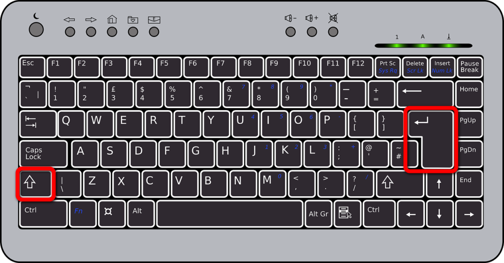 Tastatur mit Hervorhebung der Tasten Shift und Enter