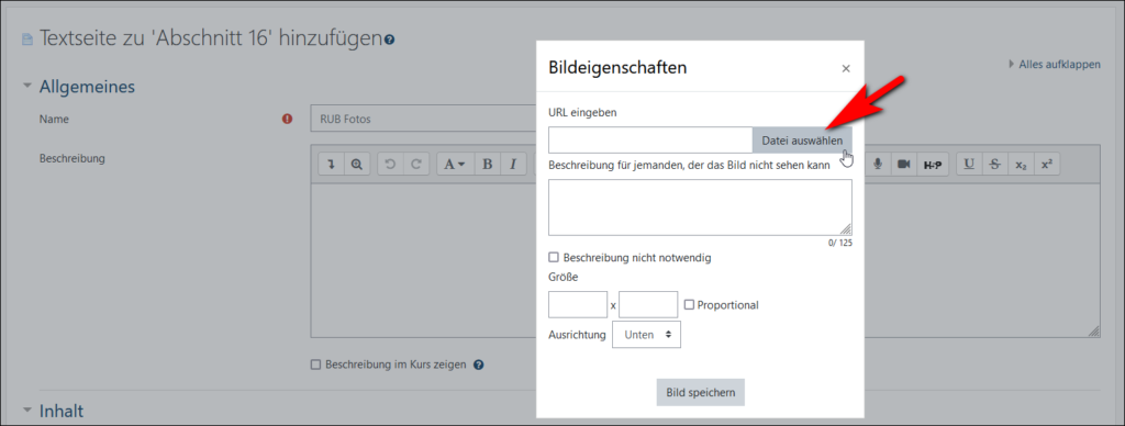 Dialogfenster, in dem die Bildeigenschaften eingegeben werden können, mit einem Hinweispfeil zum Befehl Datei auswählen