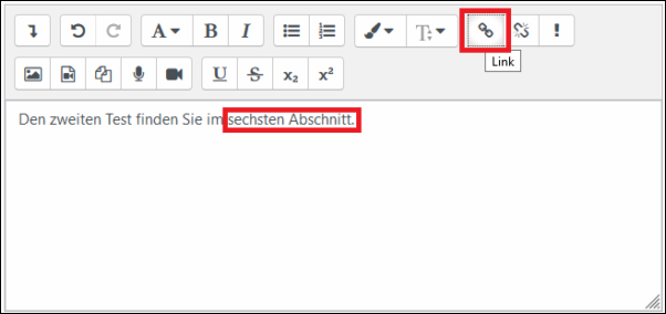Texteditor in Word mit Hervorhebung des Icons zur Erstellung einer Verlinkung sowie der dazugehörigen Markierung im Text