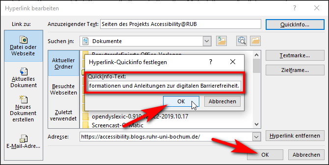 Das geöffnete Dialogfenster Hyperlink-Quickinfo festlegen beinhaltet ein Textfeld, das hervorgehoben wird. Hinweispfeile verweisen auf die beiden Bestätigungsbuttons OK